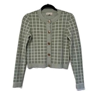 Classic Marled Preppy Sage Green Grid Windowpane Check Knit Cardigan with Gold B